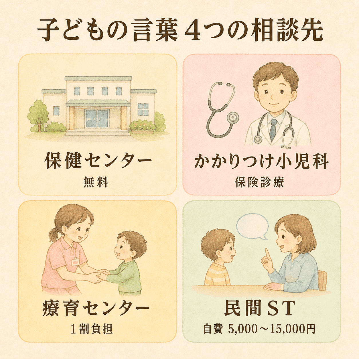 子どもの言葉4つの相談先を4枚カードでまとめた図解。保健センター・かかりつけ小児科・療育センター・民間ST