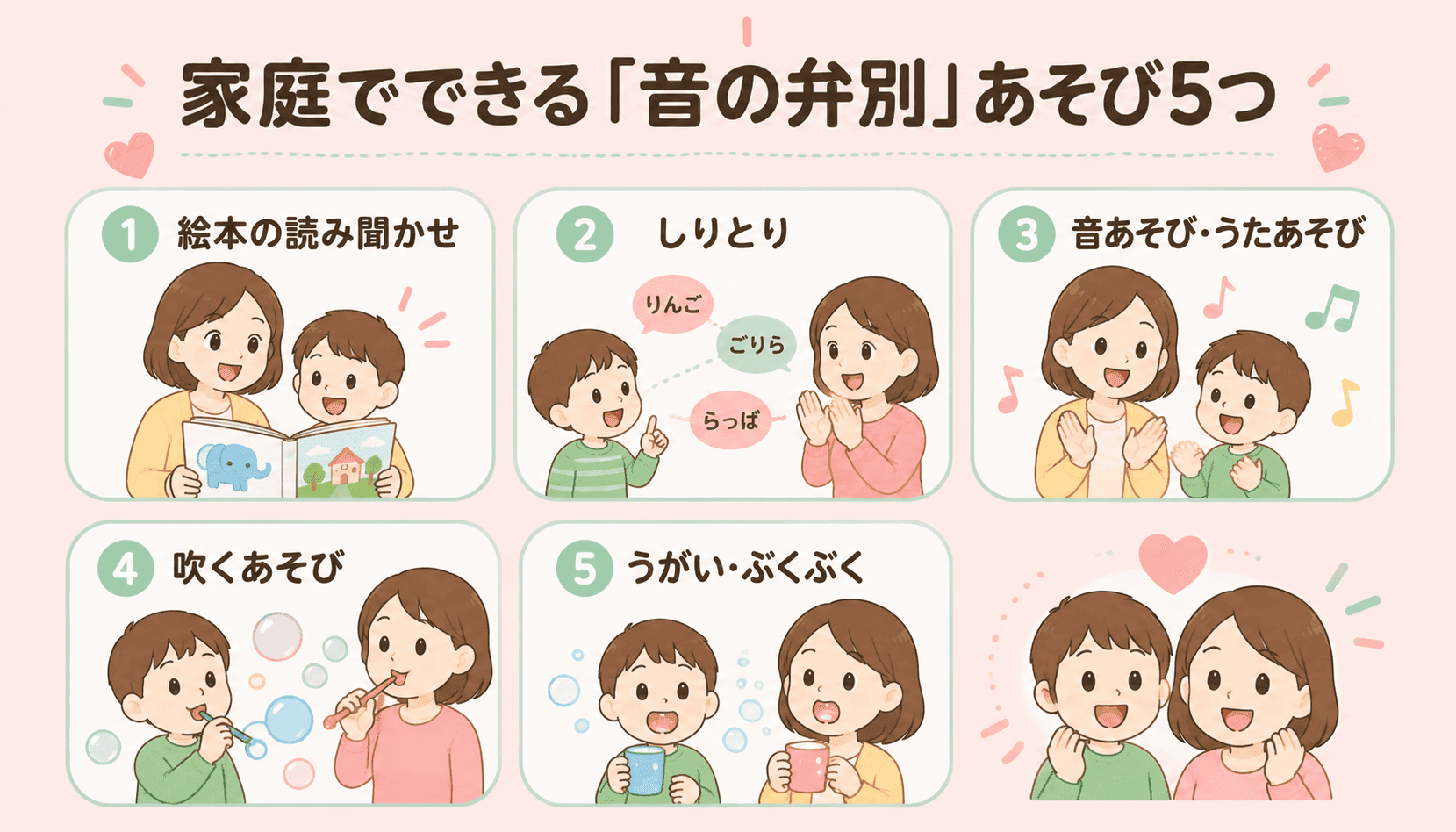 家庭でできる音の弁別あそび5つ:絵本・しりとり・音あそび・吹くあそび・うがい