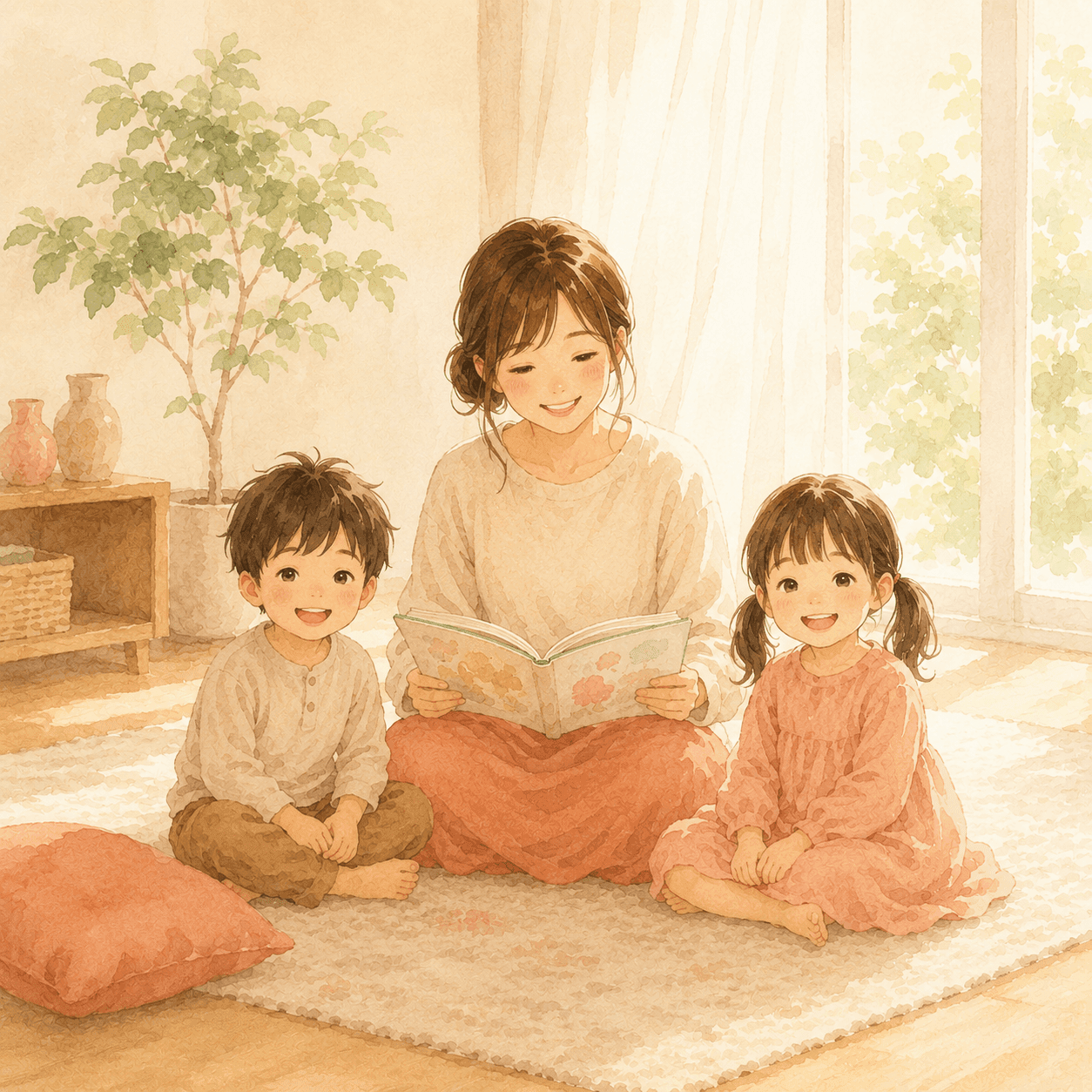 うめあかりが2人の子どもに絵本を読むイラスト
