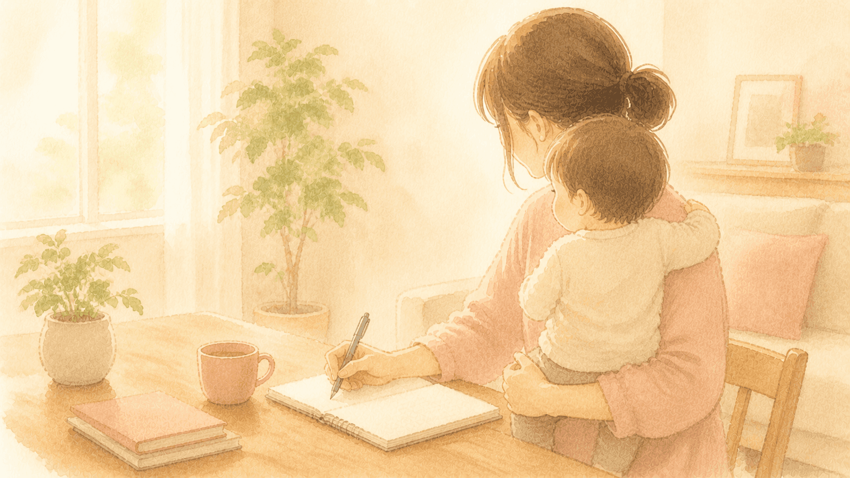 小さな子どもをそばに、ノートに書きものをするお母さんのイラスト