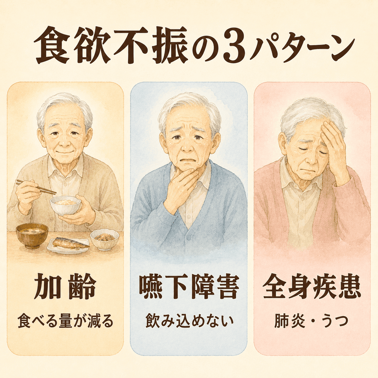 食欲不振の3パターン|加齢・嚥下障害・全身疾患をやさしい水彩風の図解で説明