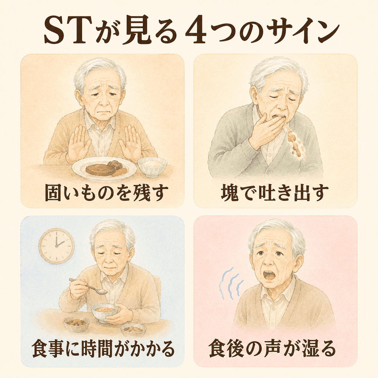STが見る4つのサインの図解。固いものを残す・塊で吐き出す・食事に時間がかかる・食後の声が湿る