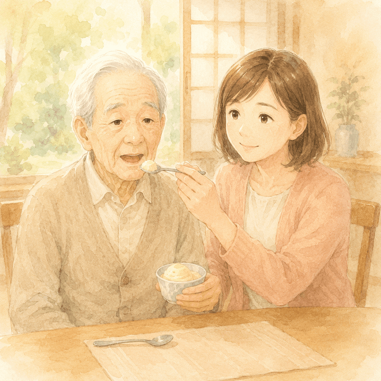 祖父にスプーンでアイスを運ぶ孫娘の和やかなシーン