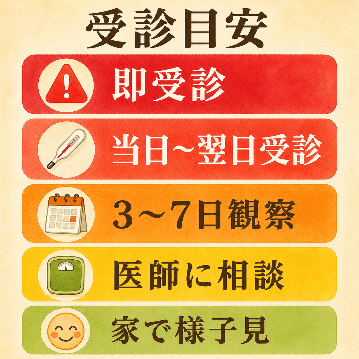 受診目安の信号機型図解。即受診・当日〜翌日受診・3〜7日観察・医に相談・家で様子見の5段階