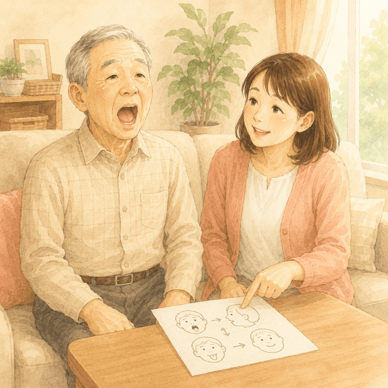家庭で高齢の父と娘が一緒に発声練習をしている場面