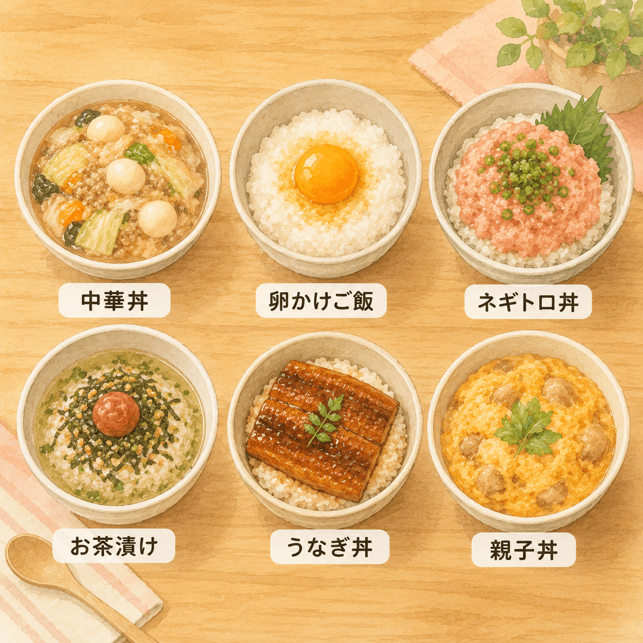 中華丼・卵かけご飯・ネギトロ丼・お茶漬け・うなぎ丼・親子丼の6種類の柔らかい丼物を木製トレーに並べたイラスト