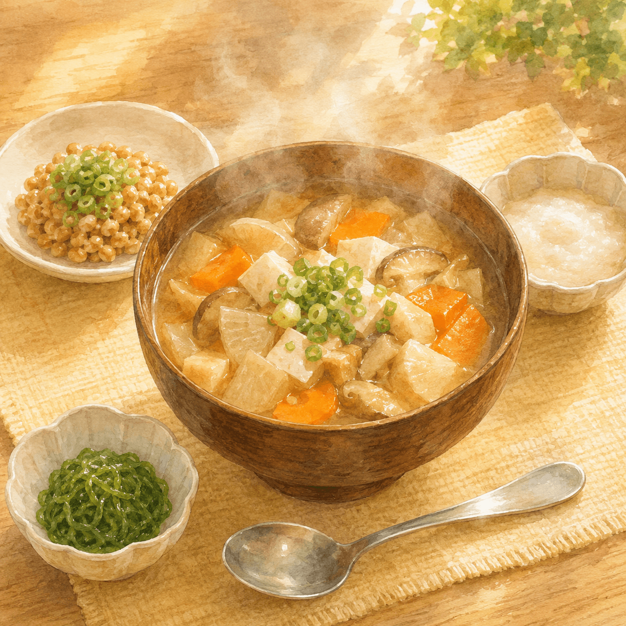 木のテーブルにけんちん汁・ひきわり納豆・とろろ・めかぶ・お椀のスープが並ぶ穏やかな食卓イラスト