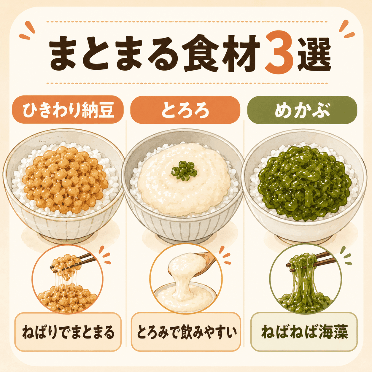 ひきわり納豆・とろろ・めかぶの3種類のまとまる食材を小鉢に盛り付けたイラスト