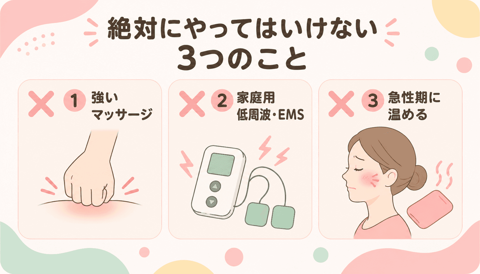 絶対にやってはいけない3つのこと 強いマッサージ・EMS・急性期温熱の禁止図解