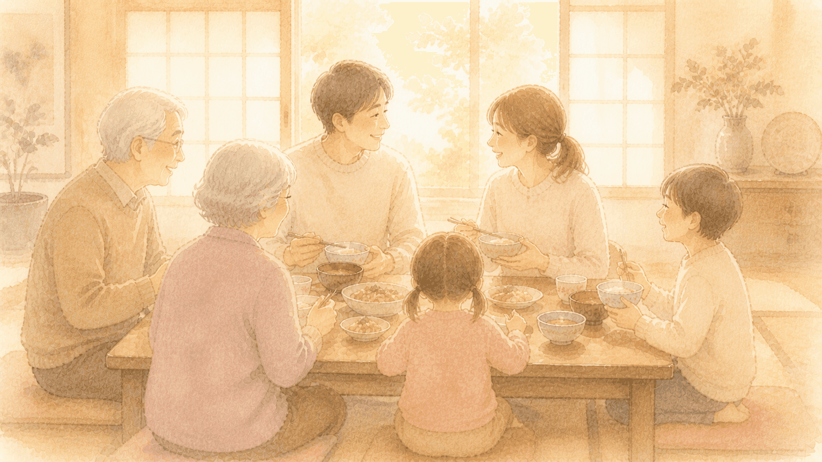 3世代家族が和やかに食卓を囲んでいるイラスト