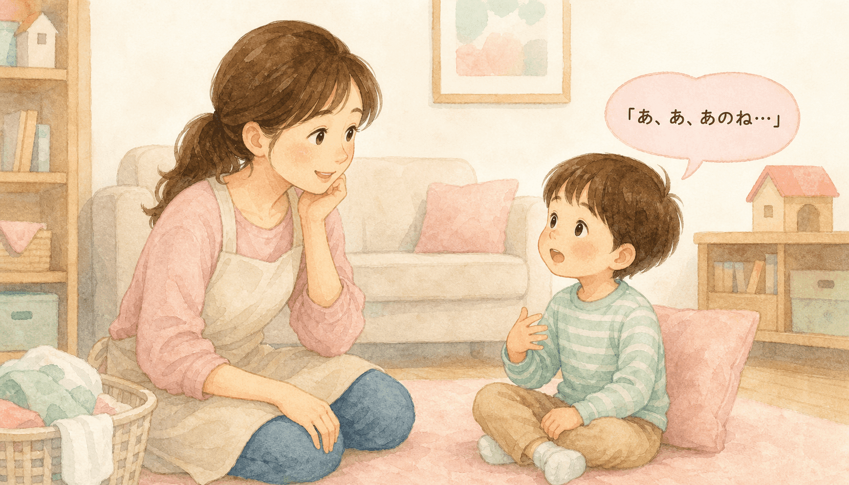 お母さんと子どもがゆったり会話している水彩風イラスト