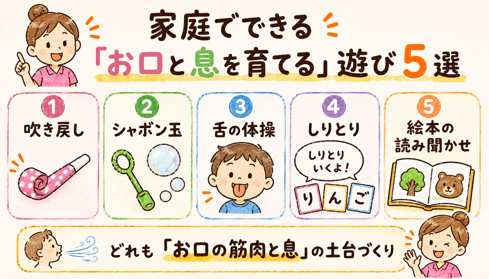 家庭でできるお口と息を育てる遊び5選:吹き戻し・シャボン玉・舌の体操・しりとり・絵本の読み聞かせ