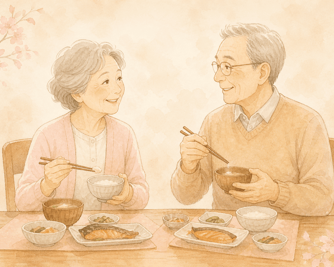 高齢のご夫婦が食事をしているイラスト