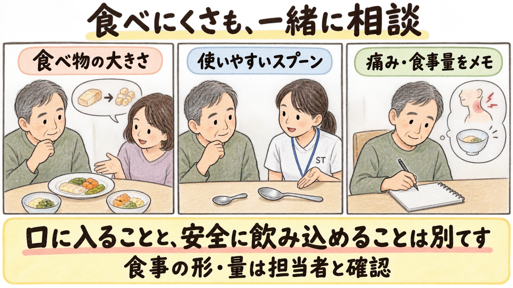 食べ物の大きさ、使いやすいスプーン、痛みと食事量の記録を相談。口に入ることと安全に飲み込めることは別