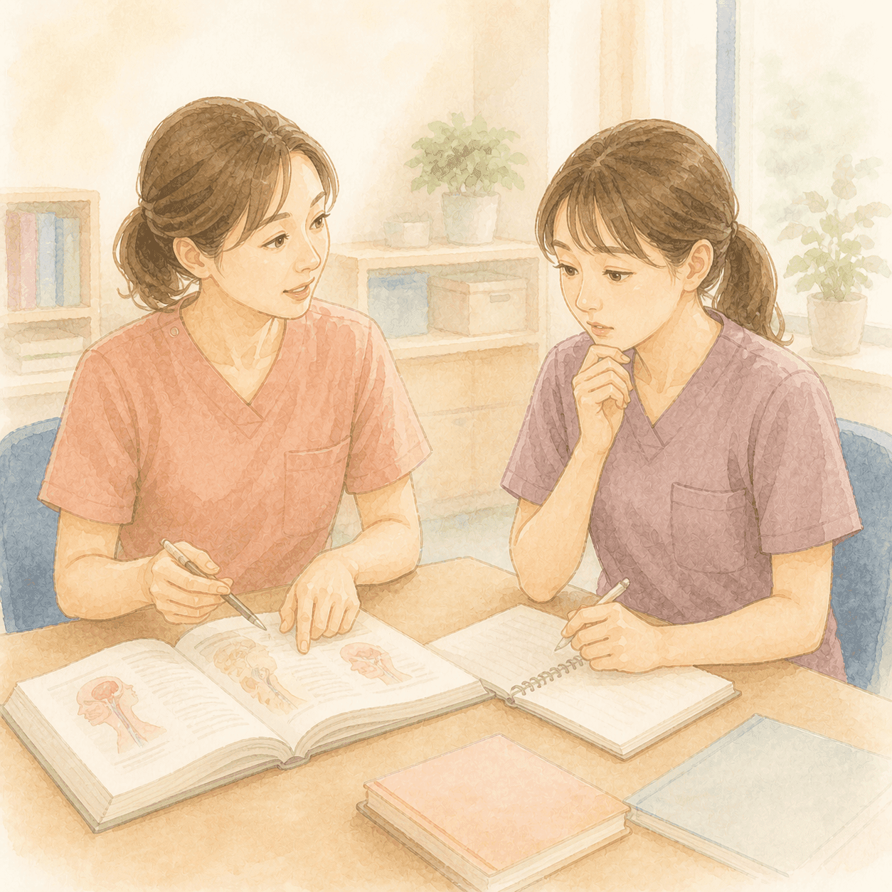 先輩STと新人STが嚥下リハを学ぶ場面