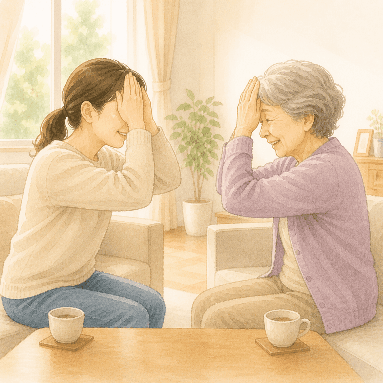 家族と高齢者が一緒に嚥下訓練をしている場面