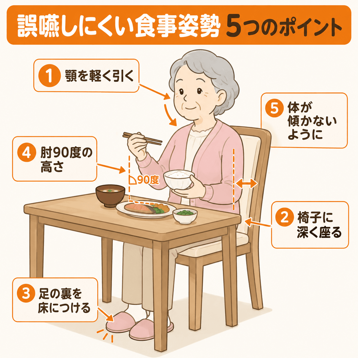 食事姿勢の5つのポイント(顎引き・深く座る・足の裏を床に・肘90度・体が傾かない)を高齢者の姿で図解