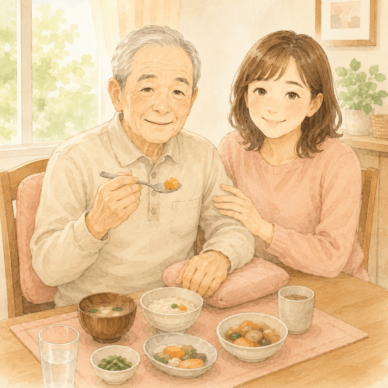 片麻痺のある高齢者が、麻痺側の肘下にクッションを置いて姿勢を安定させながら食事をしている場面