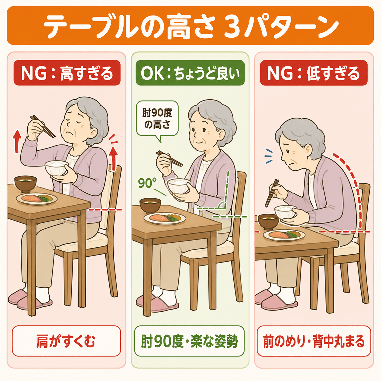 テーブルの高さ3パターン(高すぎる・ちょうど良い・低すぎる)を比較した図解