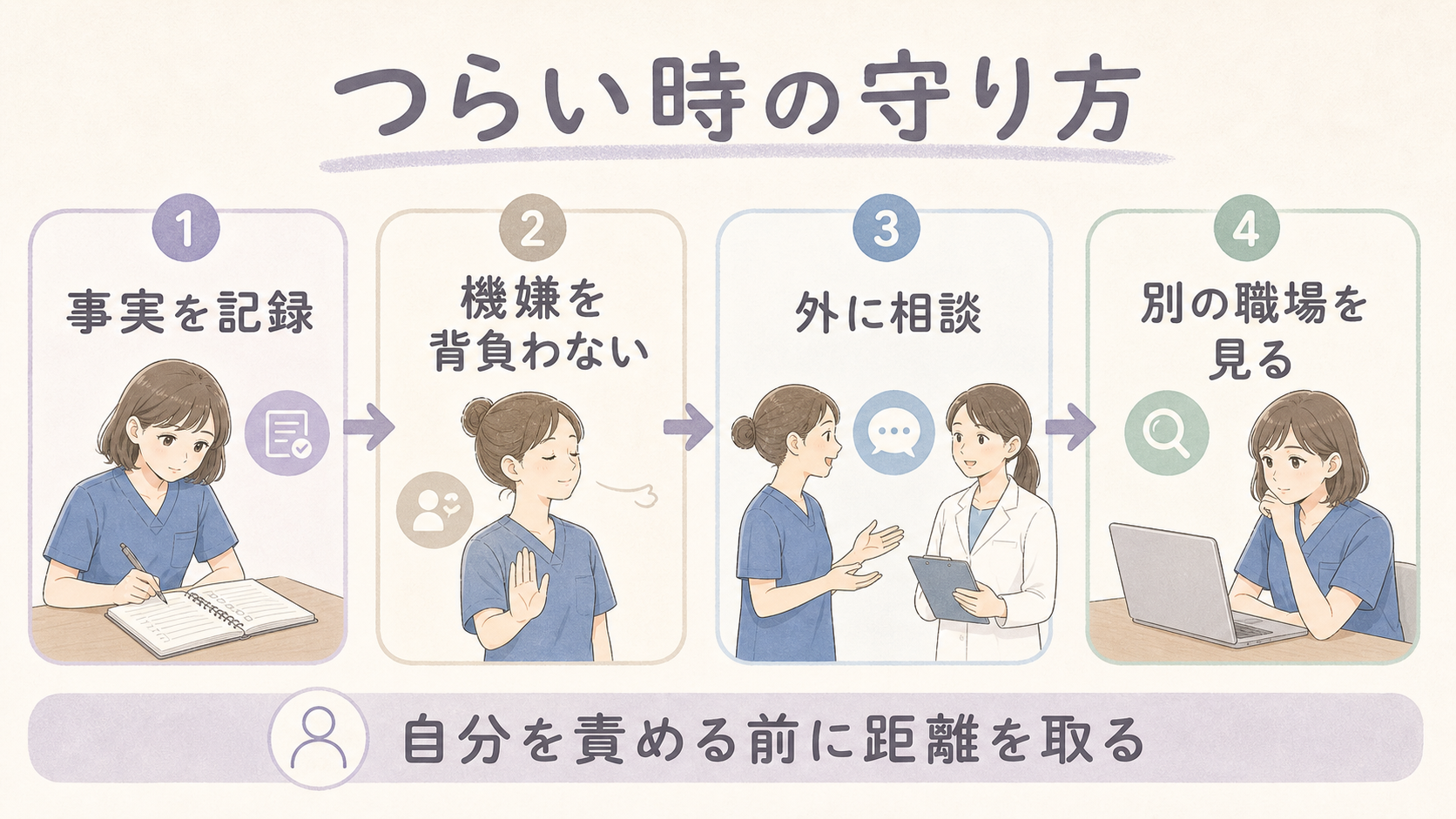 つらい時の守り方。事実を記録、機嫌を背負わない、外に相談、別の職場を見る流れを整理した図解