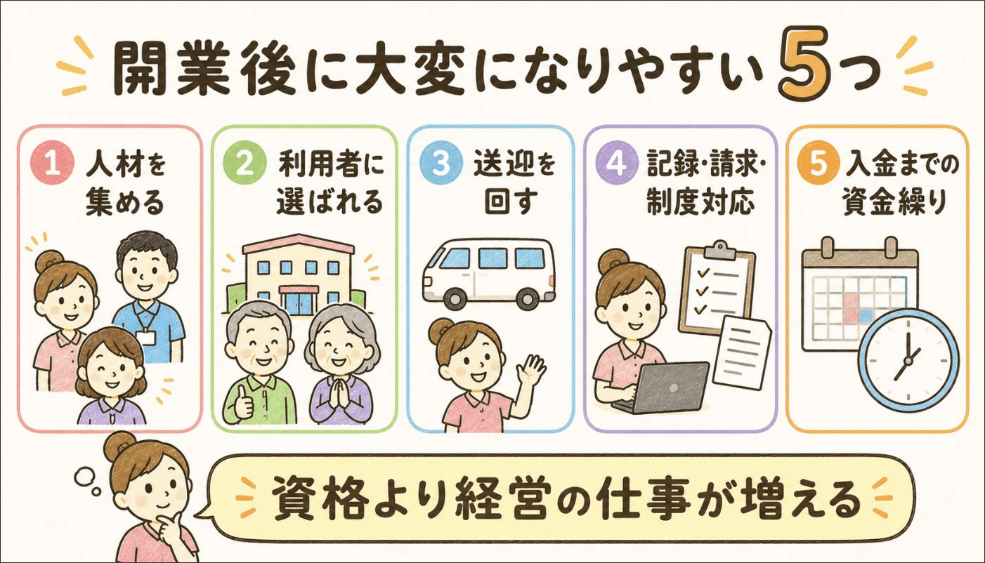 デイサービス開業後の5つの課題。人材、利用者、送迎、記録と請求、資金繰り