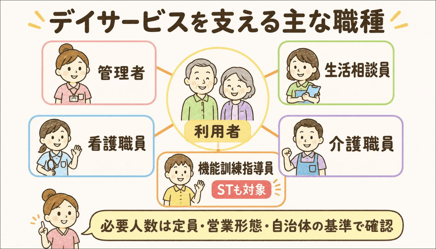 デイサービスを支える管理者、生活相談員、看護職員、介護職員、機能訓練指導員。STも機能訓練指導員になれる