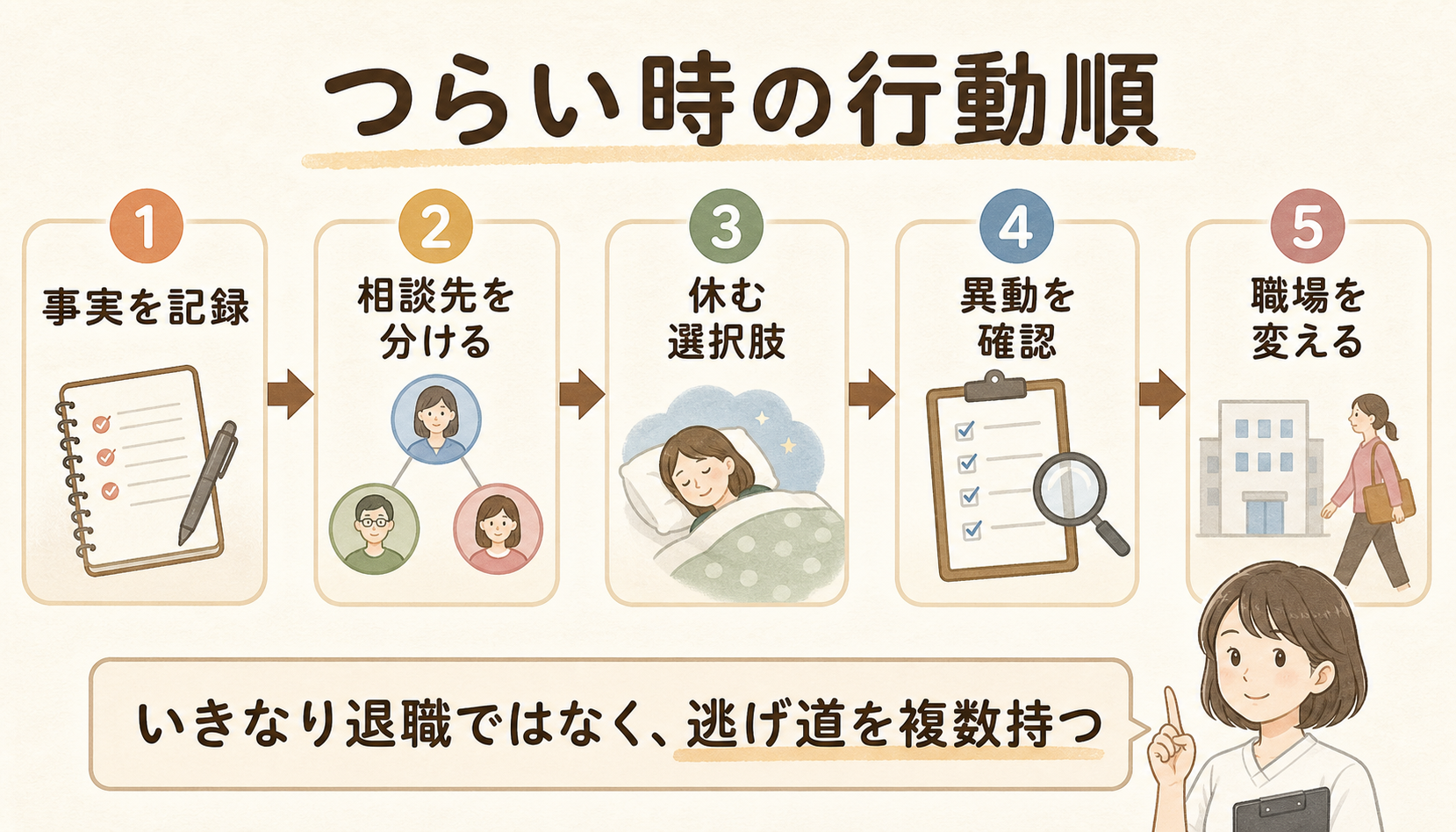 STの職場がつらい時の行動順。事実を記録、相談先を分ける、休む選択肢、異動を確認、職場を変える流れを整理した図解