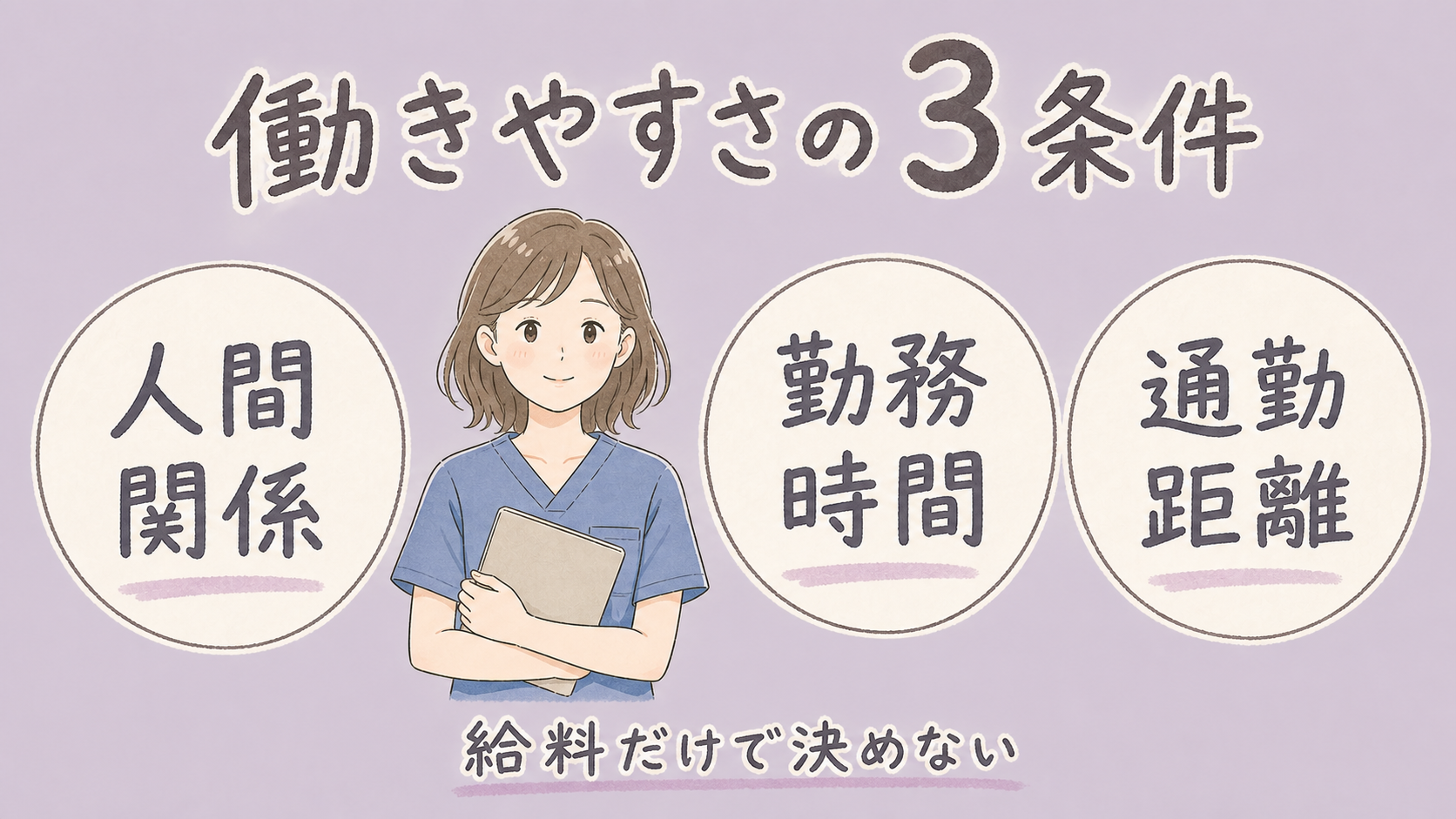 働きやすさの3条件。人間関係、勤務時間、通勤距離をまとめた図解