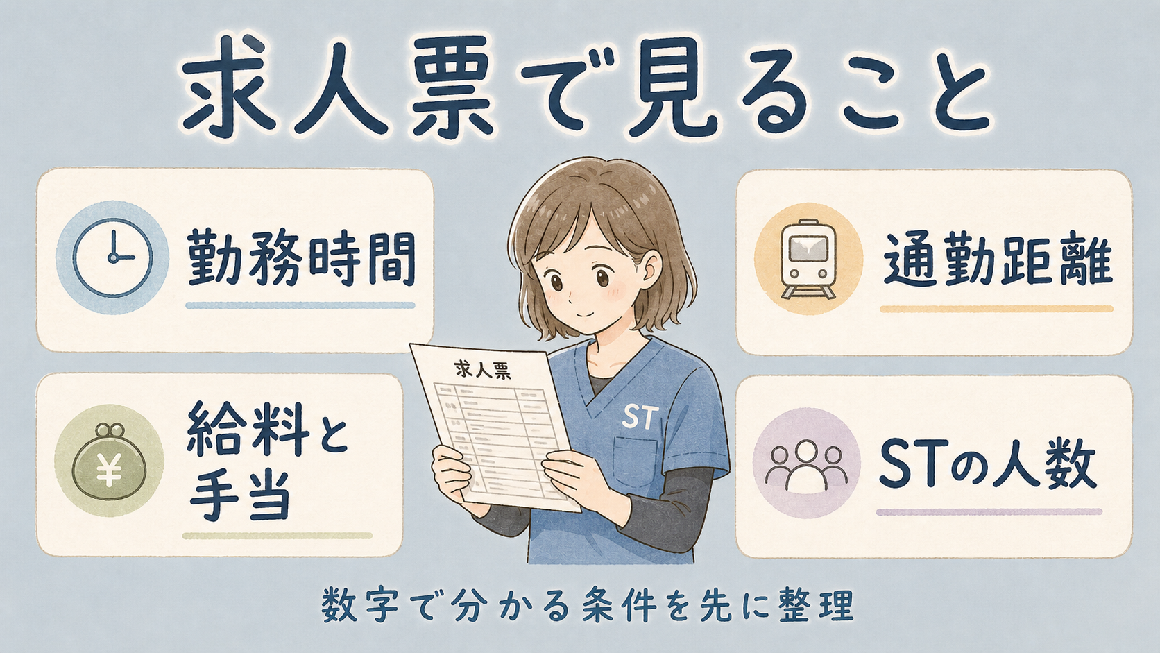 求人票で見ること。勤務時間、通勤距離、給料と手当、STの人数を整理した図解