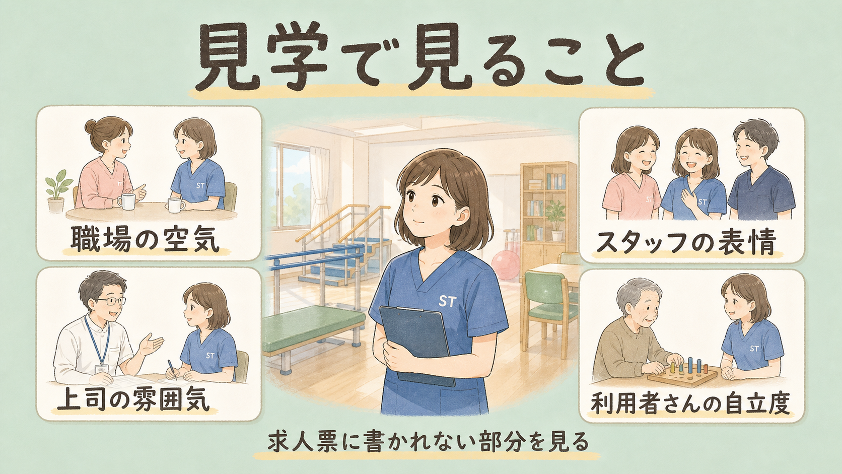 見学で見ること。職場の空気、上司の雰囲気、スタッフの表情、利用者さんの自立度を整理した図解