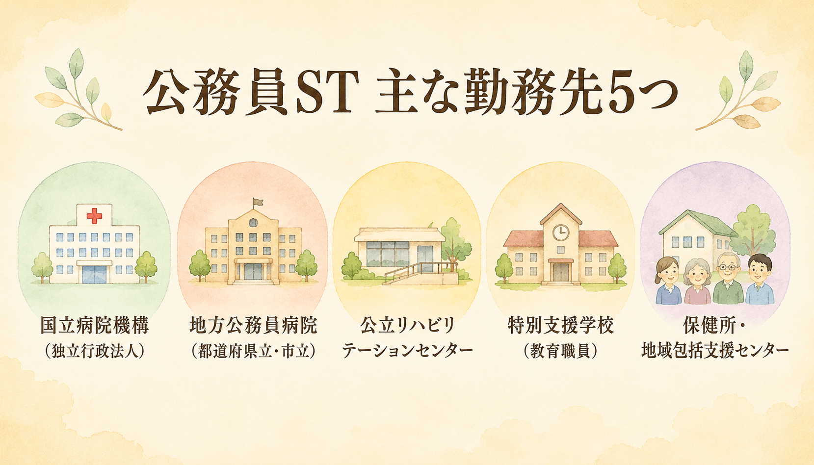 公務員ST 主な勤務先5つ(国立病院機構・地方公務員病院・公立リハビリセンター・特別支援学校・保健所等)