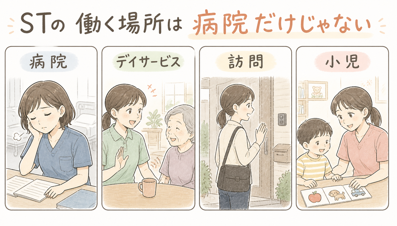 STの働く場所は病院だけじゃない。病院、デイサービス、訪問、小児の4つの働き方を漫画風に整理した図解