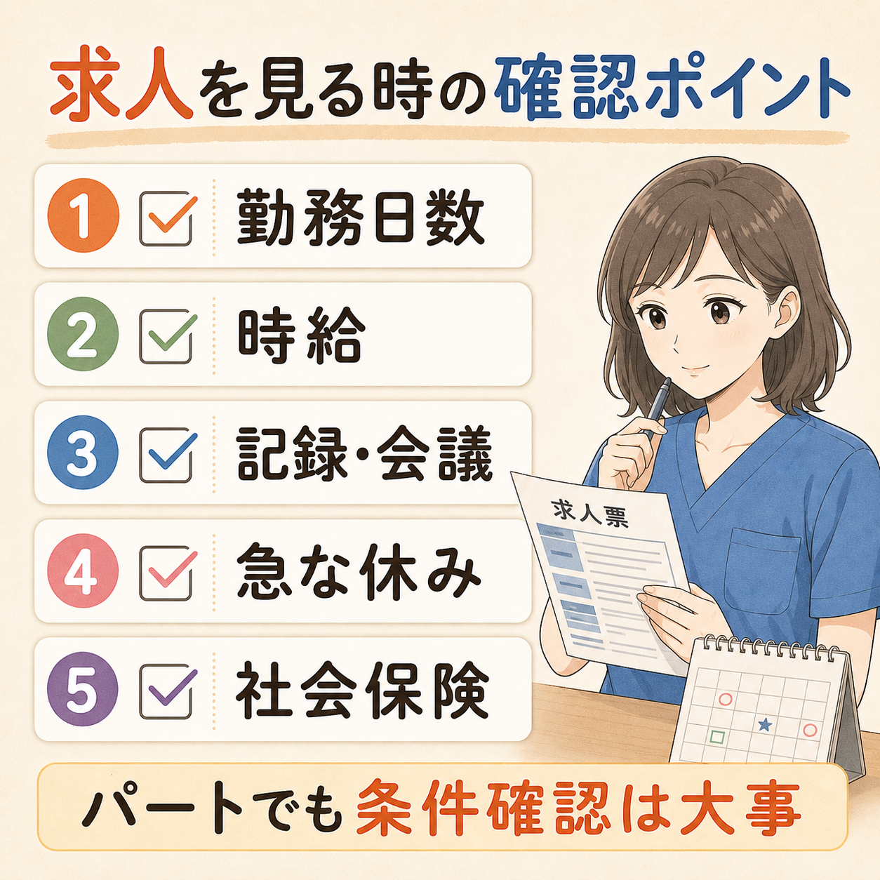 求人を見る時の確認ポイント。勤務日数、時給、記録・会議、急な休み、社会保険をチェックする図解