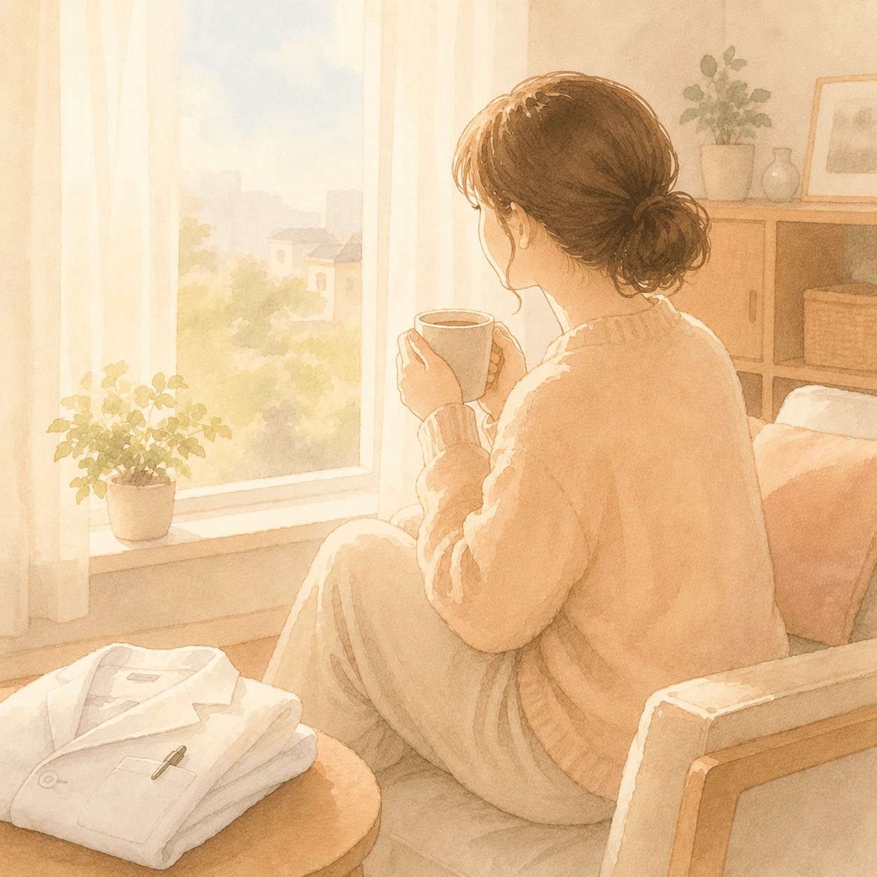 窓辺で考えごとをする30代女性のイラスト