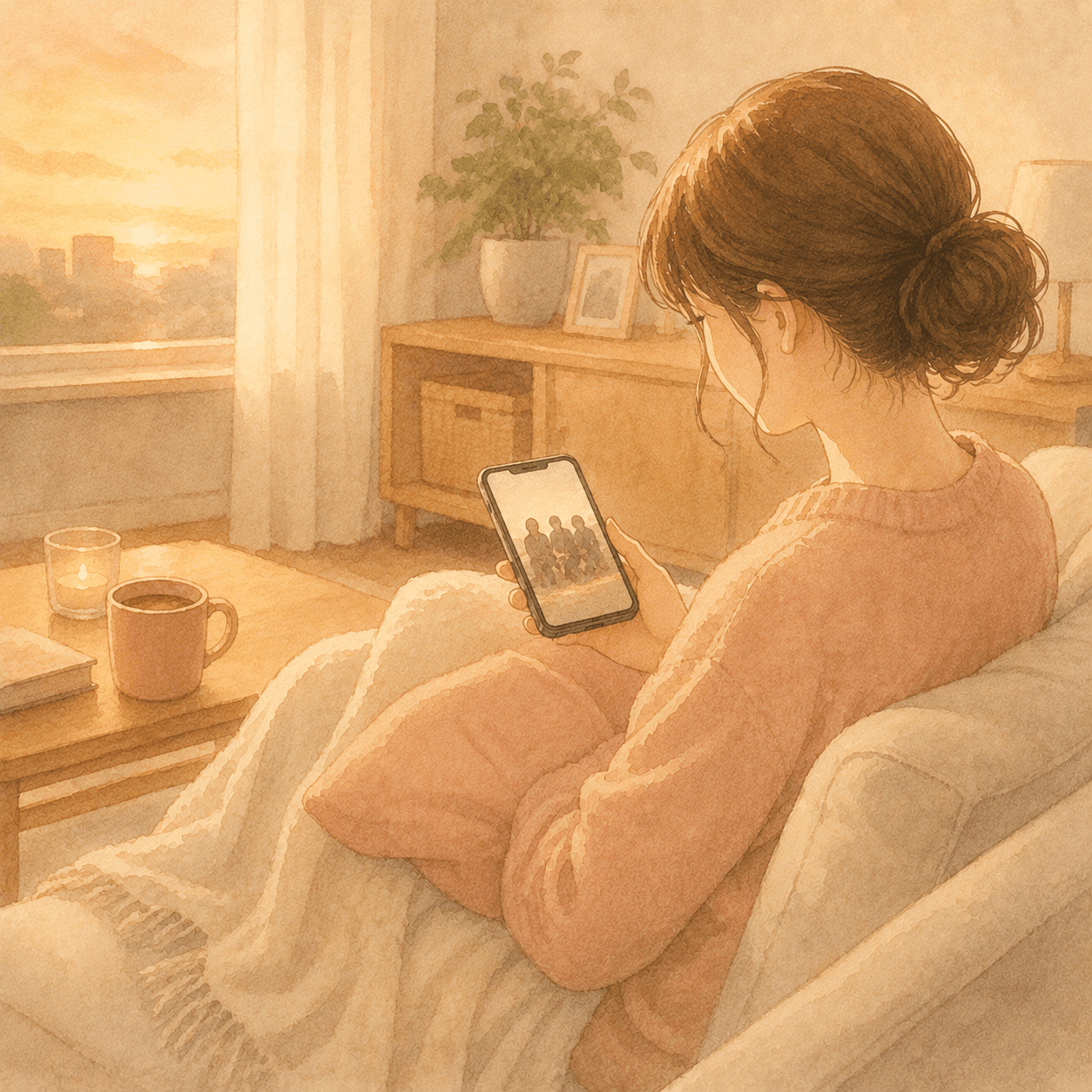 スマホを見ながら、元同僚を懐かしく思う30代女性のイラスト