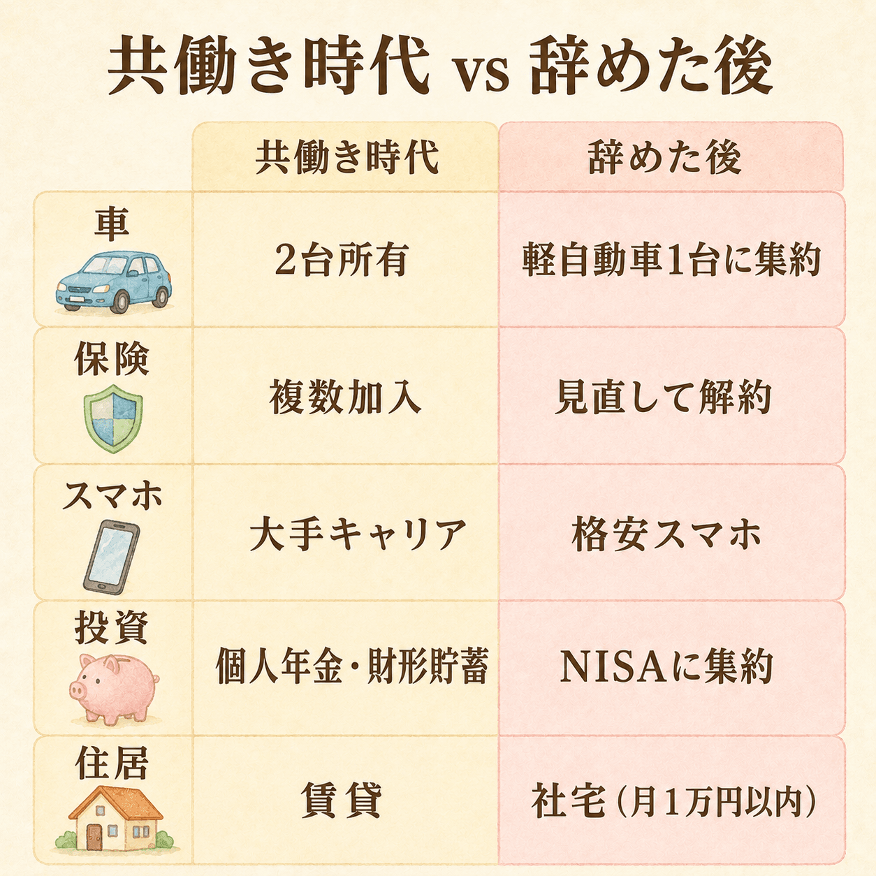 共働き時代と辞めた後のお金の見直し比較表。車・保険・スマホ・投資・住居の5項目
