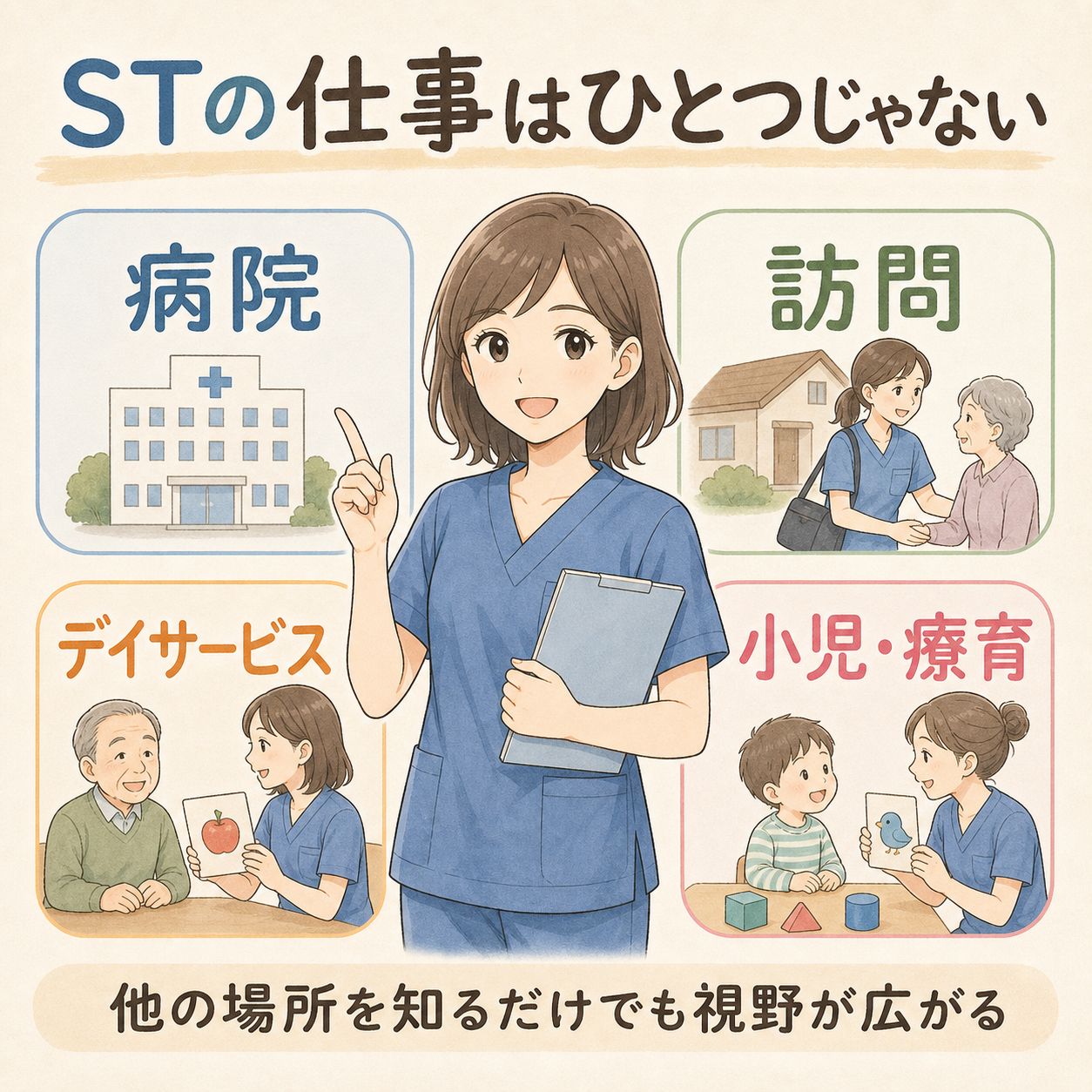 STの仕事はひとつじゃない。病院、訪問、デイサービス、小児・療育などの選択肢を整理した図解