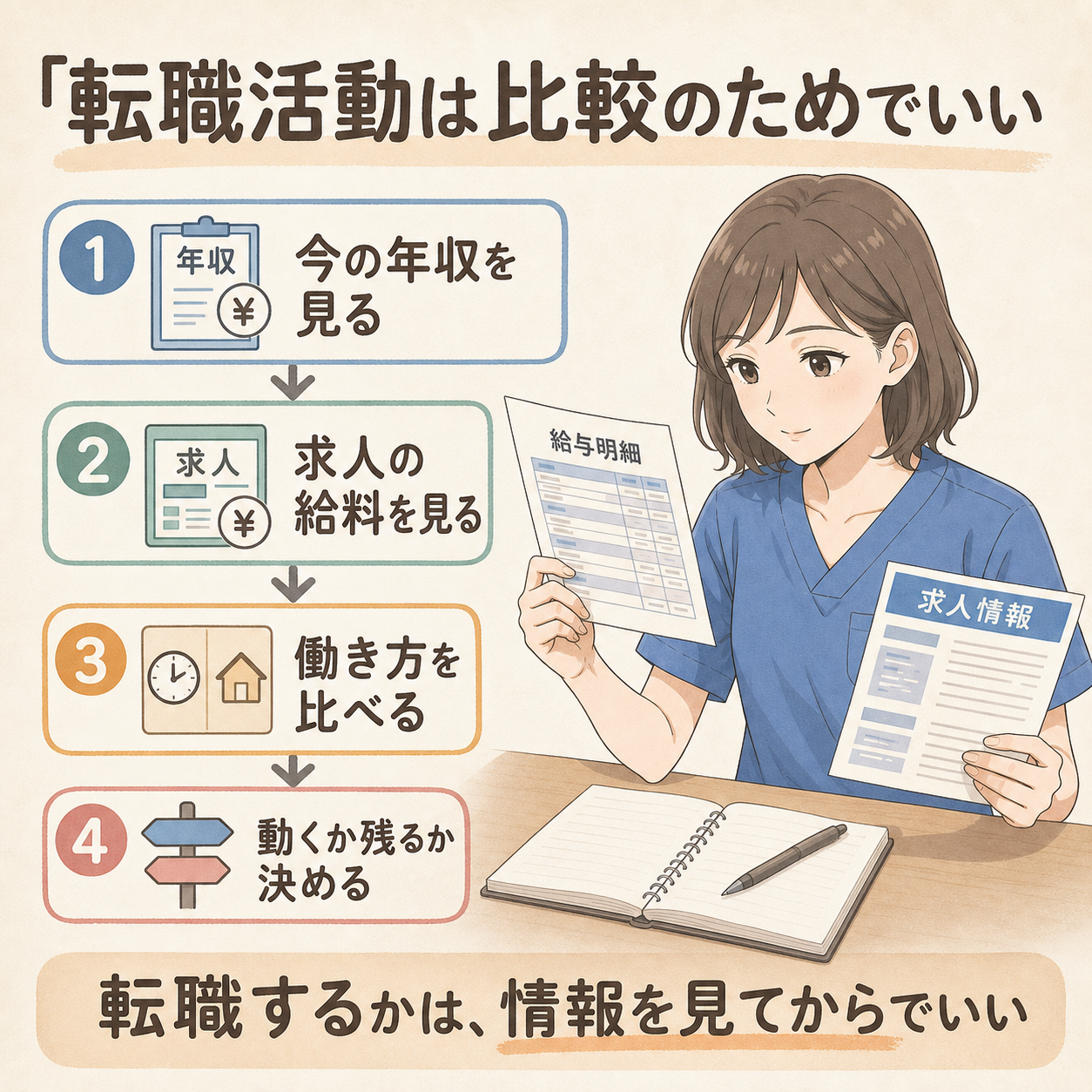転職活動は比較のためでいい。今の年収を見る、求人の給料を見る、働き方を比べる、動くか残るか決める流れをまとめた図解