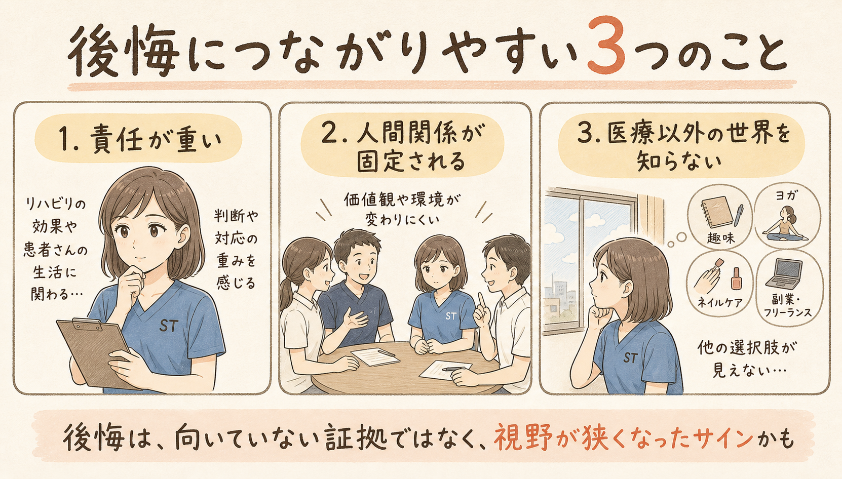 後悔につながりやすい3つのこと。責任が重い、人間関係が固定される、医療以外の世界を知らないことを手書き風のまんがで整理した図解