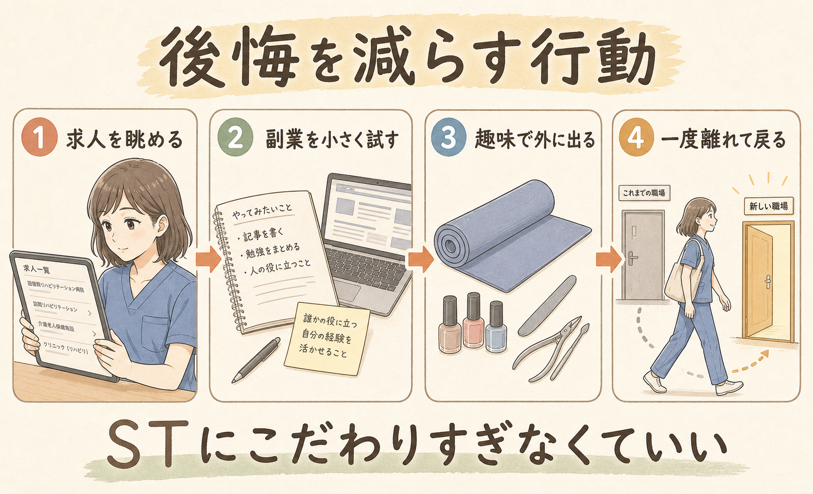 後悔を減らす行動。求人を眺める、副業を小さく試す、趣味で外の世界に出る、一度離れて戻る選択も持つ流れを手書き風のまんがで整理した図解