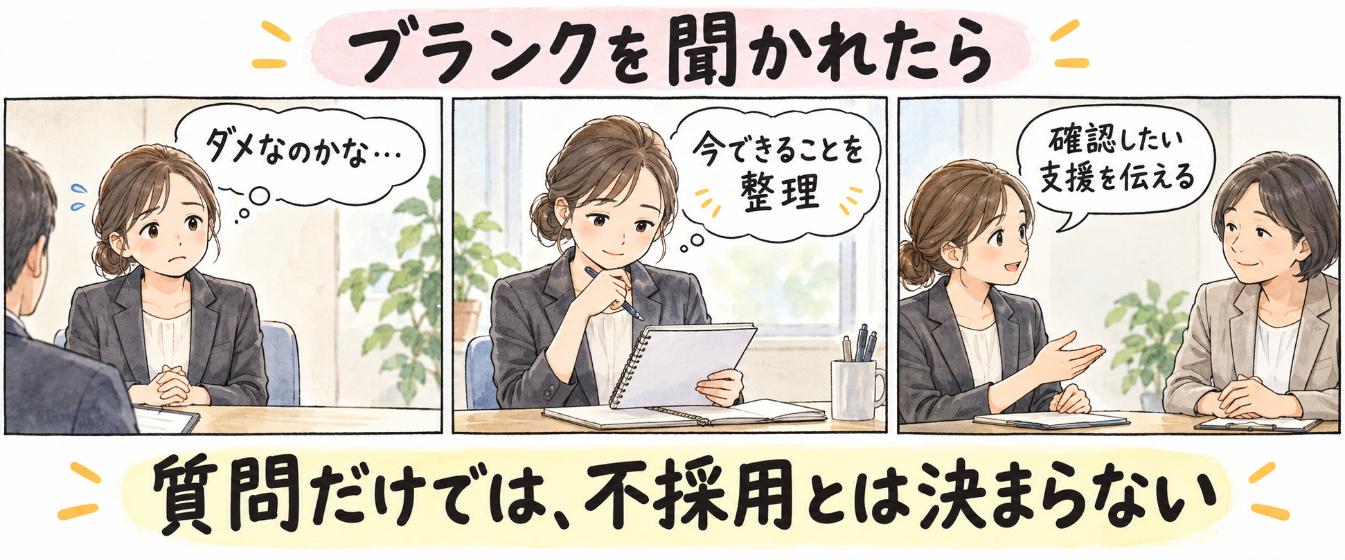 ブランクを聞かれて不安になったとき、今できることを整理し、確認したい支援を伝える漫画