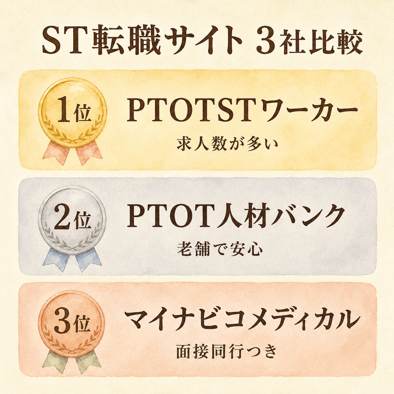 ST転職サイト3社比較の図解。1位PTOTSTワーカー、2位PTOT人材バンク、3位マイナビコメディカル