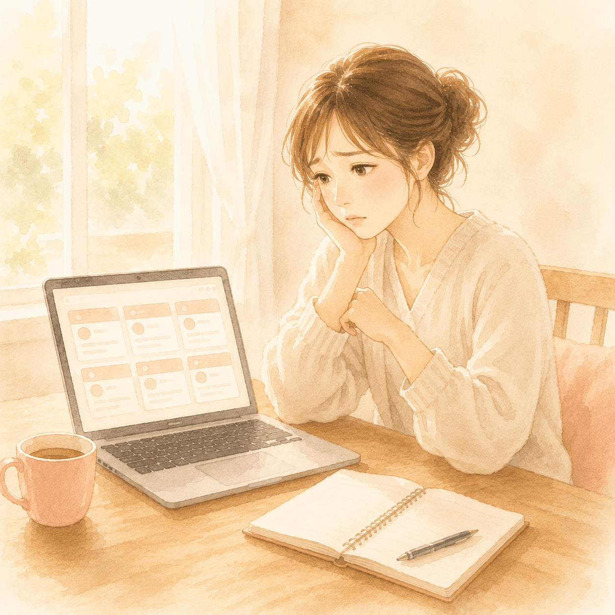 ノートパソコンで求人サイトを眺める30代女性のイラスト