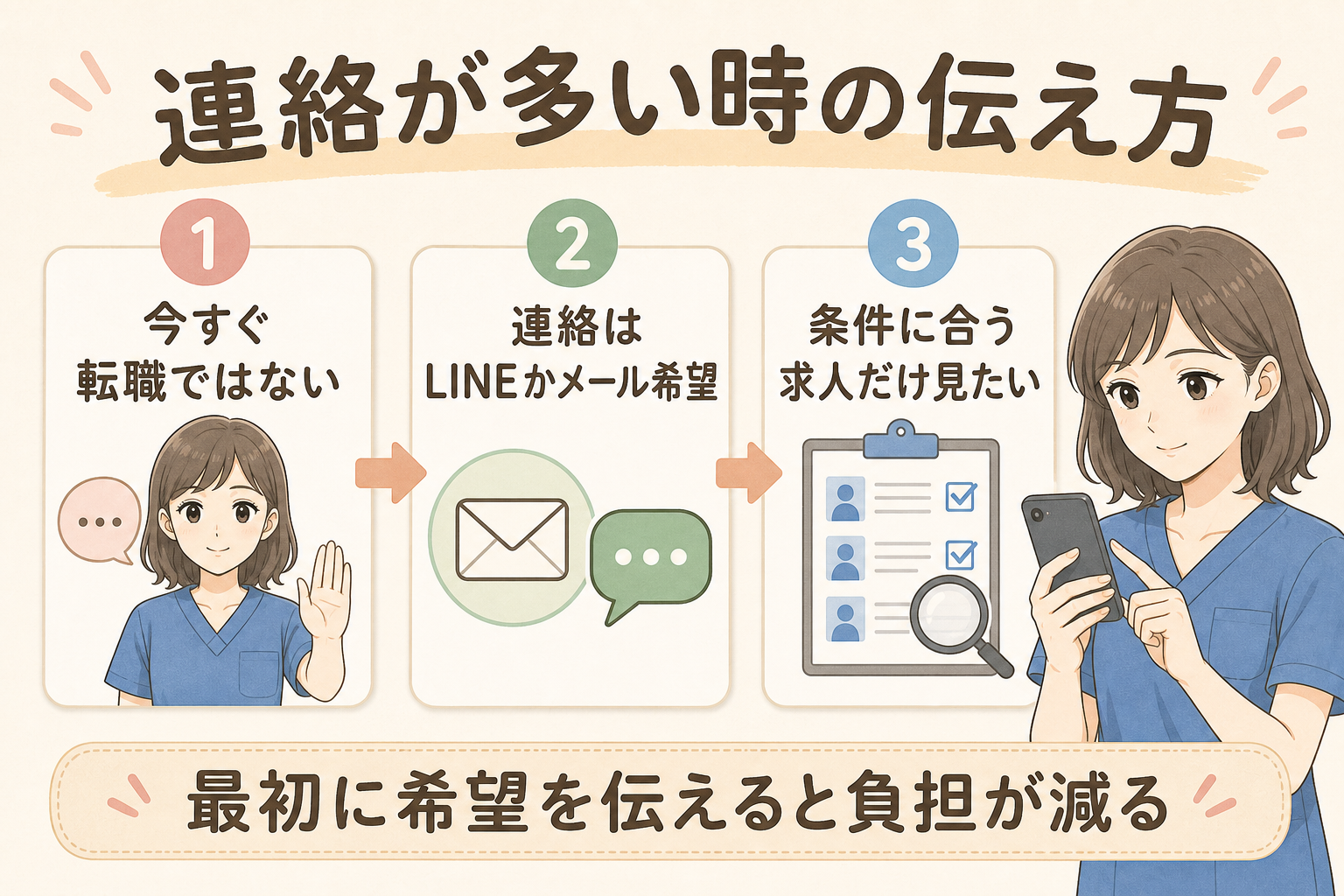 連絡が多い時の伝え方。今すぐ転職ではない、連絡はLINEかメール希望、条件に合う求人だけ見たいという3ステップ