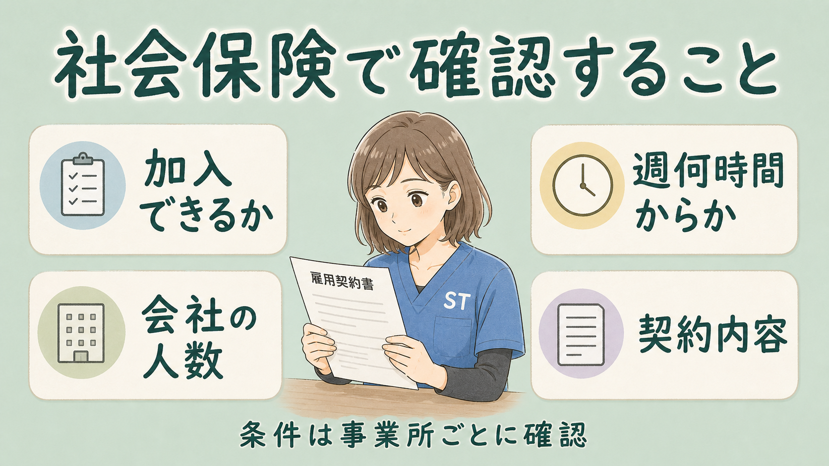 社会保険で確認すること。加入できるか、週何時間からか、会社の人数、契約内容を整理した図解