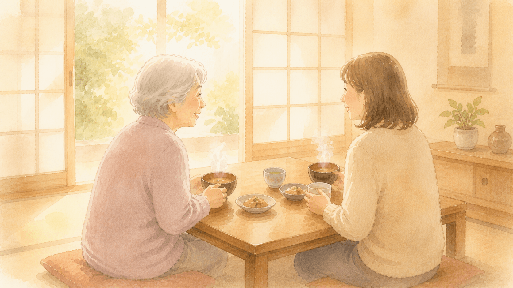 温かい食卓で向き合うご家族のイラスト