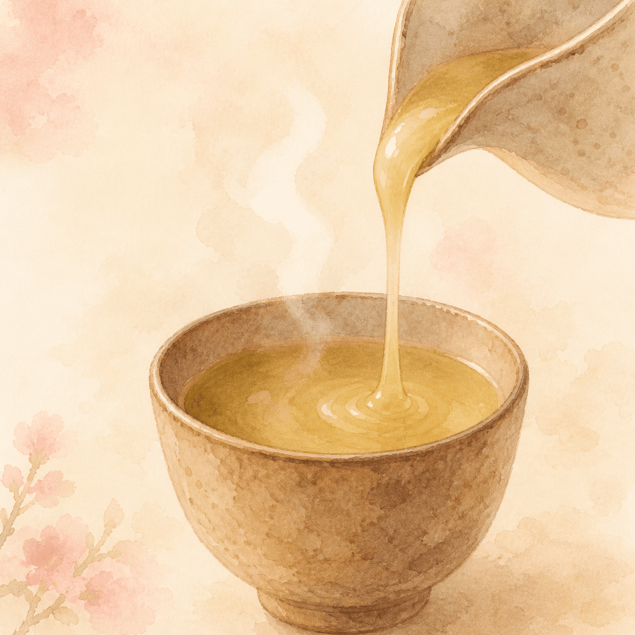 湯のみにとろみ剤を入れたお茶が注がれている様子
